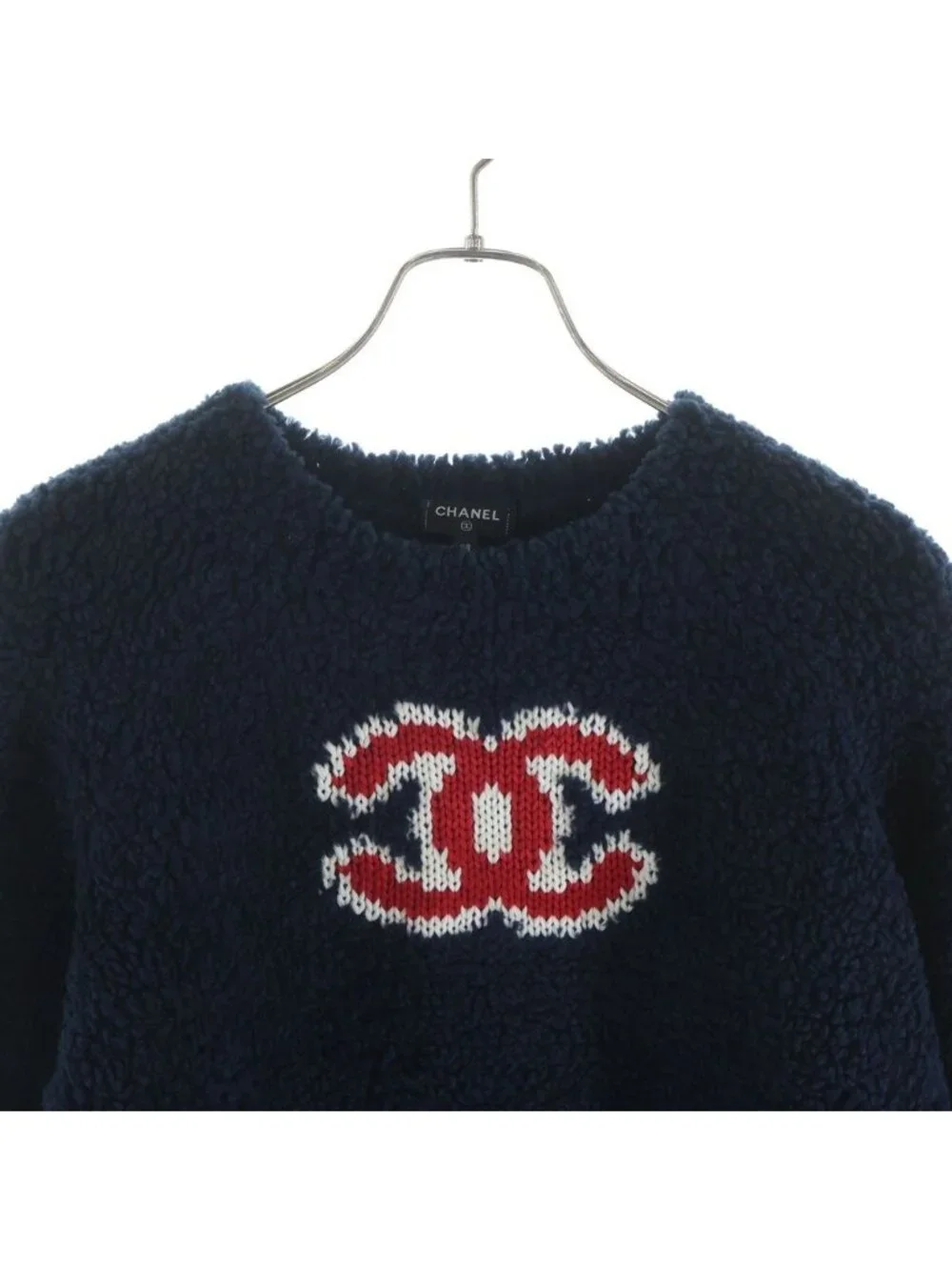 Chanel CC Logo Wool Acrylic Long Sleeve Knit Sweater Cashmere Blend Navy